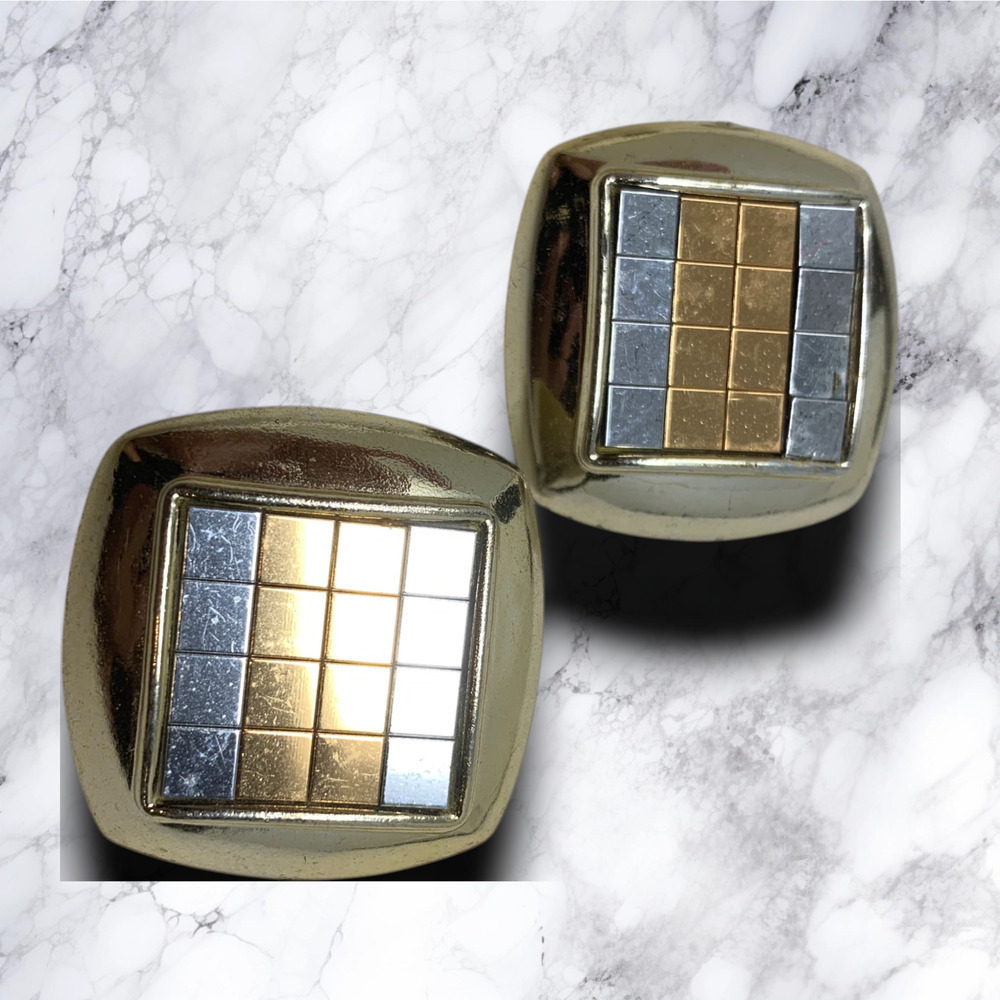 Vintage 1980's Silver & Gold Acrylic Grid Square Earrings Clip On Runway Couture